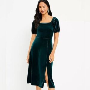 Loft Emerald Green Velvet Dress with Puff Sleeve